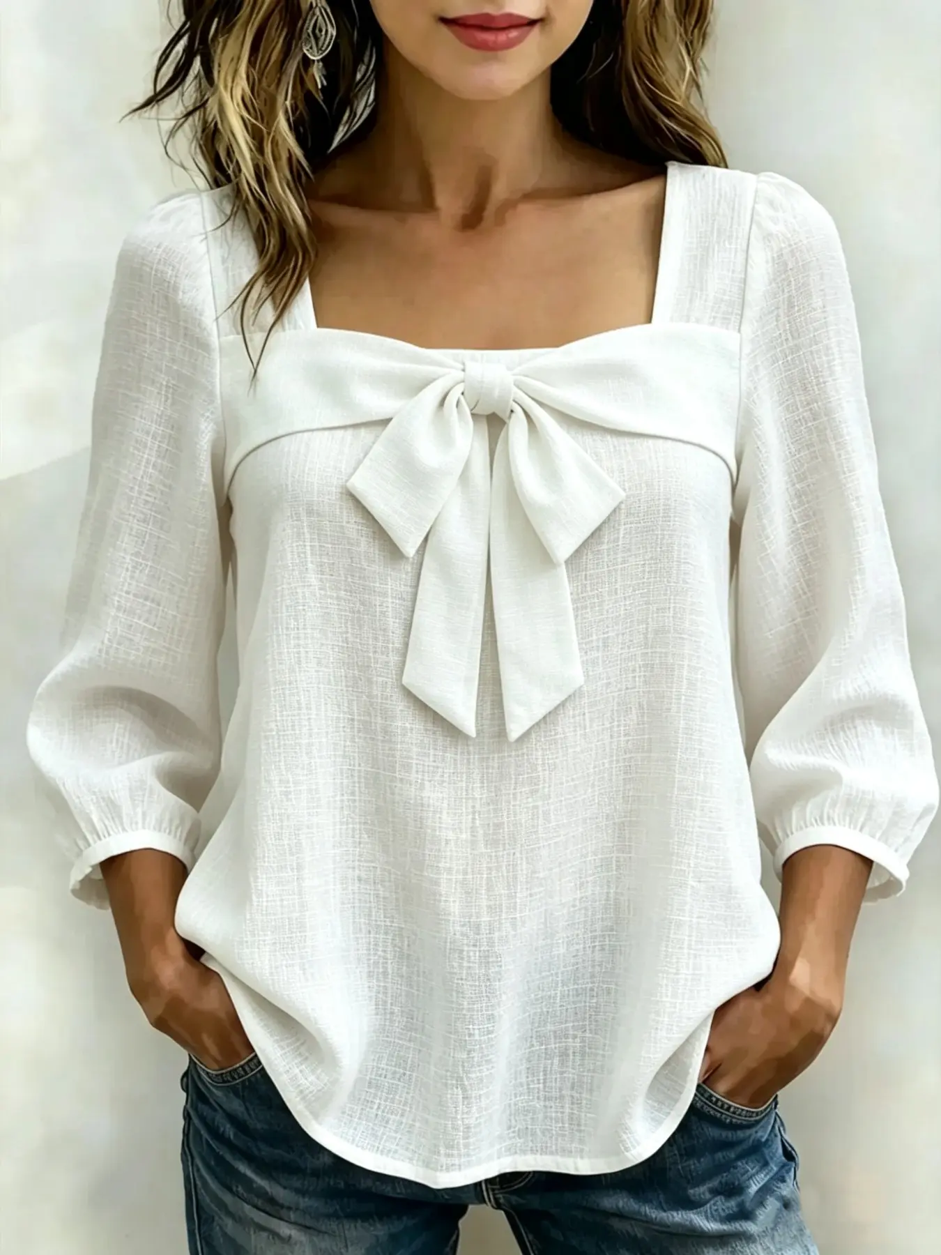 New European and American Fashion Aesthetic Women's Casual Loose Square Neck Bow Top Blouse, Stylish and Comfortable Ladies' Clothing, Perfect for Daily Wear
