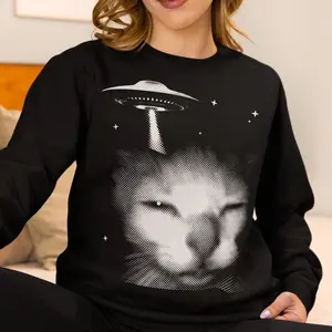 Funny Cat Alien Invasion Graphic Sweatshirt, Y2k Retro Sweater, Ugly Sweaters, Weird Cats Top, Meme Tops, Gift for Cat Lovers, Gen Z Humor