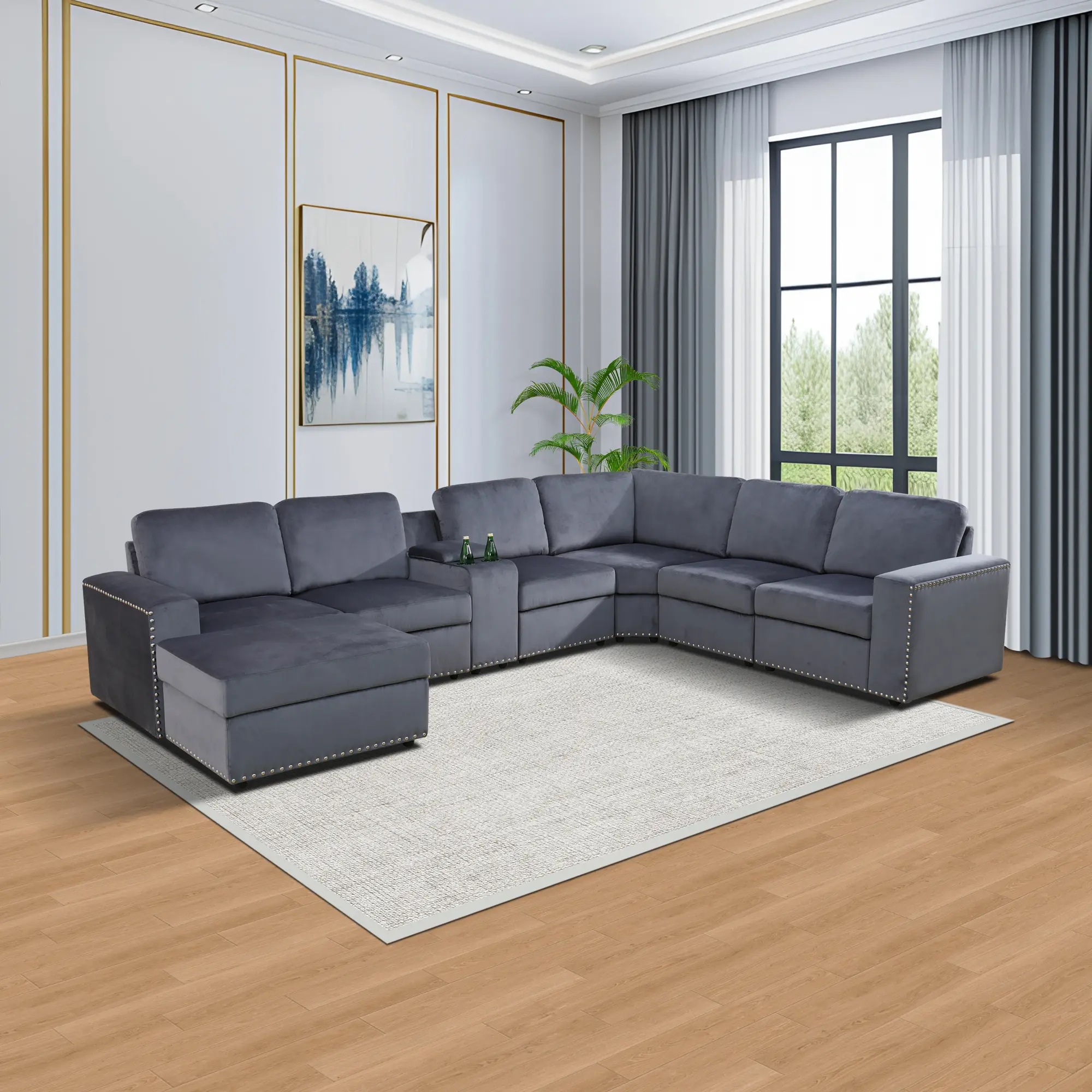 An 8-Piece Dark Grey Microfiber Sofa Set, Wear Resistant Upholstered Couch, Modern Spacious Living Room Furniture for Family Gatherings & Large Home Spaces, Dark Sofa Sets, Durability Sofa Sets