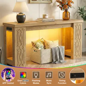 Cyclysio 63" Console Table with RGB LED Light ＆ Power Outlets, Unique Carved Design Farmhouse Entryway Table, Wooden Sofa Table, Foyer Accent Table