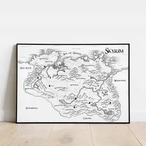 Map of Skyrim Black White Poster, Vintage Fantasy World,  Inspired Decor, Quality Paper 8x12 to 27x40