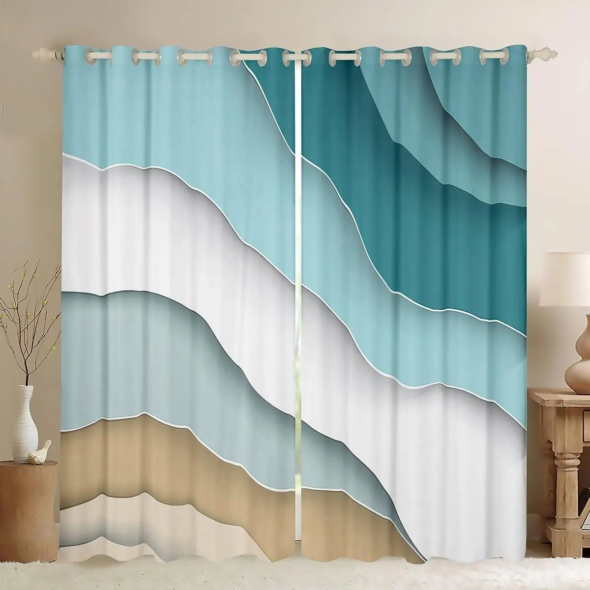 Abstract Ombre Window Curtain Ocean Waves Curtains Decor Blue Sea and Beach Blackout Window Treatment Tropical Summer Contemporary Window Drapes Adults Room Decor