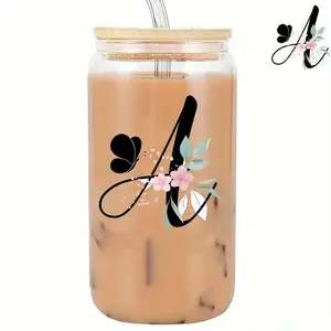 Letter Design Glass Cup with a Lid And Straw, Shaped Like a Can, Suitable for Iced Coffee, Beer, Juice, Milk, And Makes a Great Birthday Gift Or Beverage Container