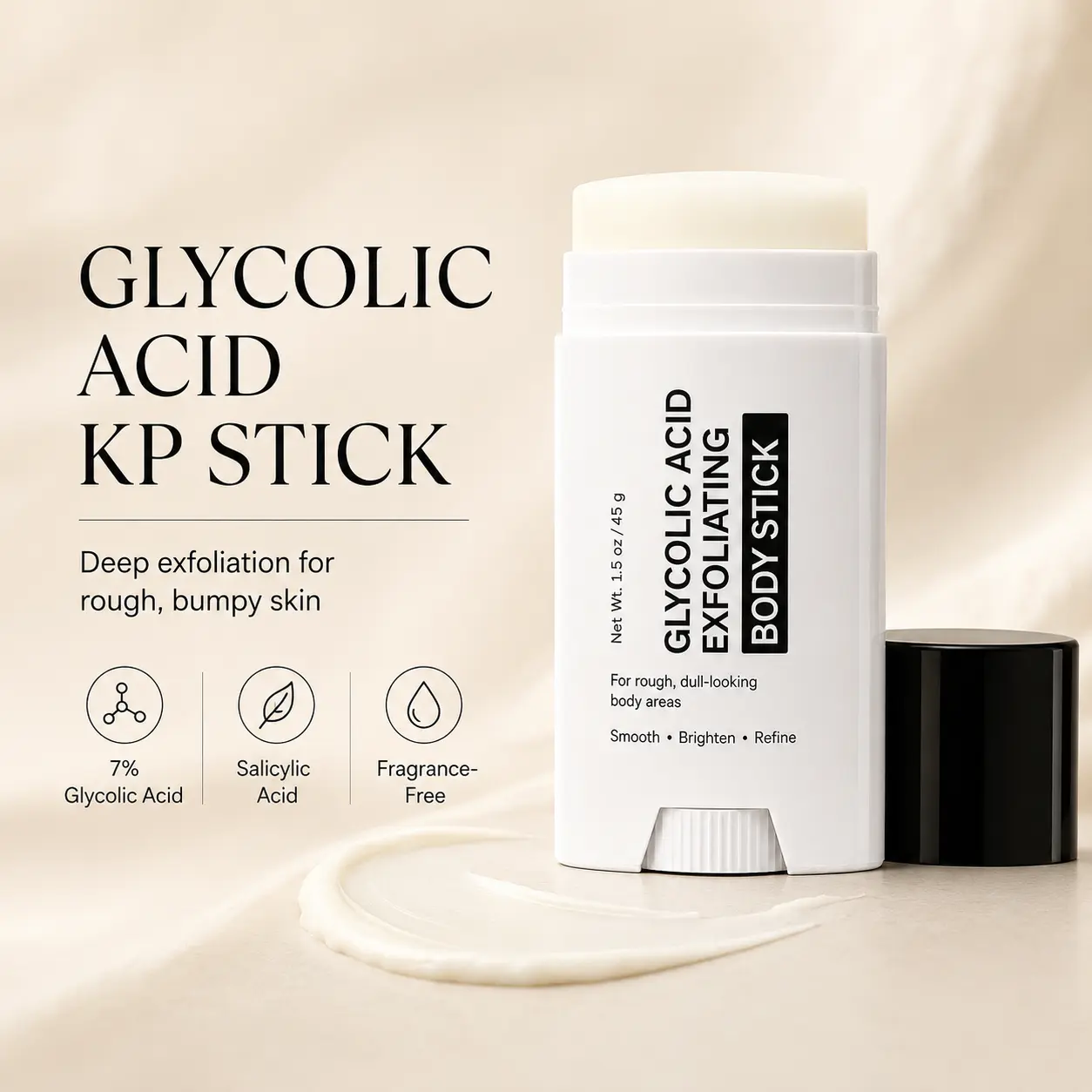 Glycolic Acid Body Exfoliating Stick | Smoothing Stick for Rough Skin, KP Bumps, Strawberry Legs, Dark Spots, Underarms, Knees & Ingrown Hairs | 1.5 oz