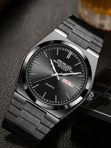 A Men's Premium Tungsten Steel Strap with High-end Fashion and Casual Black Classic Temperament Korean Version Quartz Casual Trendy Wristwatch, Fashionable Watch, Quartz Analog Watch