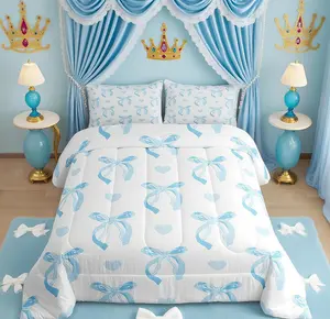 Feelyou Bedroom Decorative Bed Comforter Set - Cute Blue Ribbon Bow Bedding for Women, Blue-White Quilt Set with Cartoon Love Heart Duvet, Bedroom Bedding Set