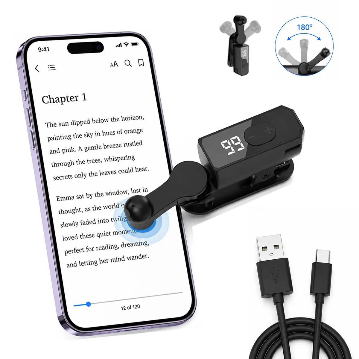 Auto Clicker for Phone, Adjustable Speed Screen Tapper with LED Display, USB-C Rechargeable Phone Clicker, 180° Adjustable Clip, Hands-Free Automatic Screen Tapper for Reading, Mobile Games & Repetitive Tasks