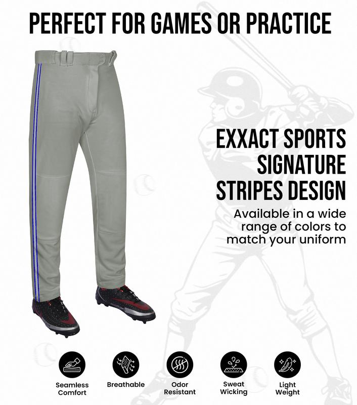 Exxact Sports Proline Full Length Baseball Pants Youth & Adult with Stripes, Relaxed Fit Open Bottom Men/Boys Baseball Pants (Grey/Navy)