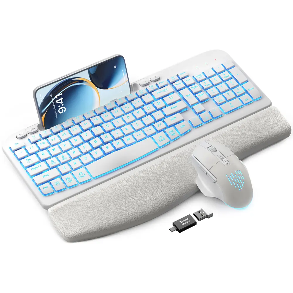 SABLUTE MA22 Pro Ergonomic Wave Keyboard & RGB Mouse Combo! （non Bluetooth) Leather Wrist Rest, Phone Holder—Game-Changing Setup!