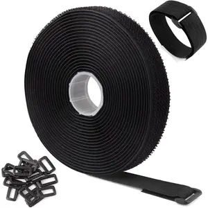 16Ft x 1In Adjustable Cable Straps with 25 Buckles, Free Cut Length, Black Reusable Fastening Cable Ties, Hook and Loop Securing Strap for Cable Tidy, Wire Management, Cord Organiser, Black
