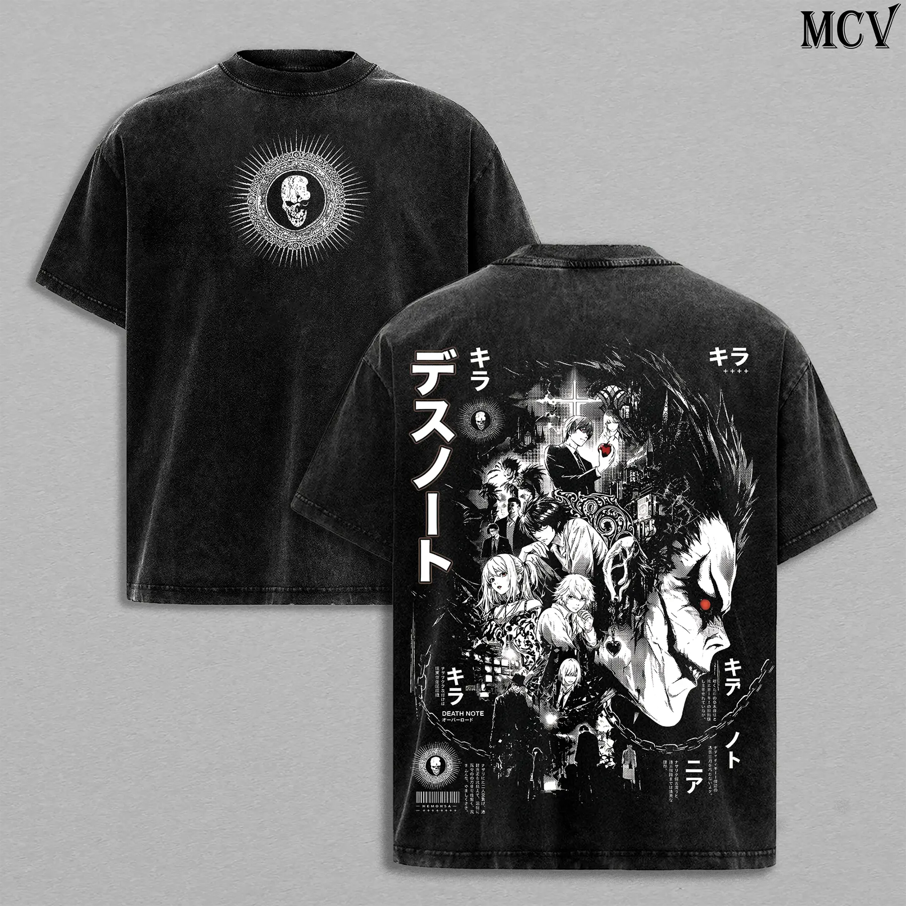 Death Note Vintage Washed Tee – Light Yagami Kira Anime Manga Graphic Double Printed T-Shirt, Ryuk Shinigami Gothic Streetwear Heavy Cotton Unisex Oversized Top