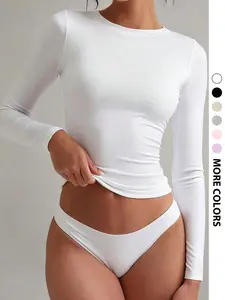 Women's Elastic Slim Fit Long Sleeve Top, Fashionable Casual Wear, Versatile Layering Innerwear, All Seasons