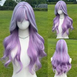 SMILCO/26Inch Highlight Purple With Platinum Long Curly With Bangs Synthetic Wig/SM516
