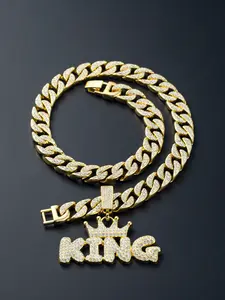 Valentine's Day Gift Hip Hop Crown Letter King Full Diamond Pendant Necklace, High-Quality Alloy Chain, Street Style Artisan Jewelry, Iced Out Jewelry, Cuban Link Chain