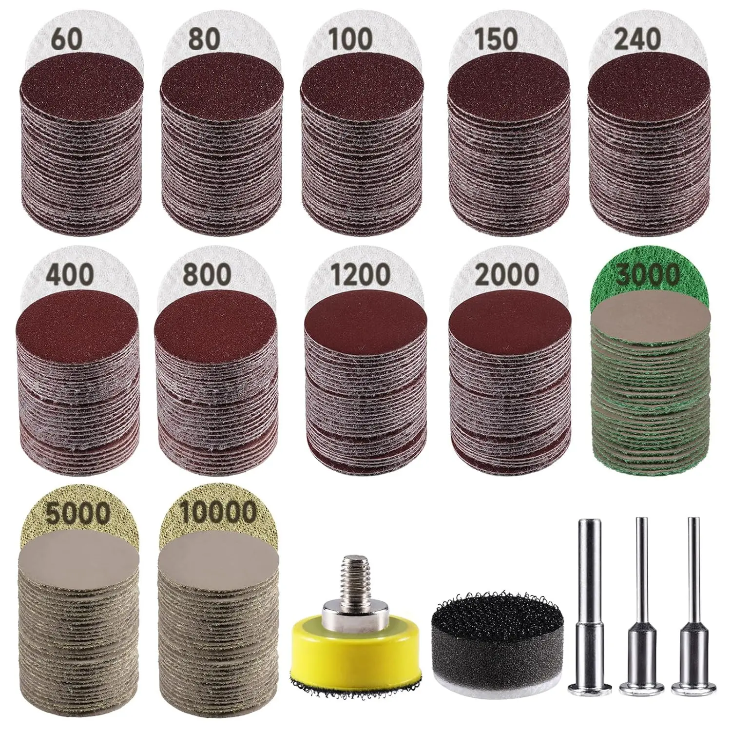 365 Packs 1 Inch Sanding Disc, Hook and Loop 60 to 10000 Grit Wet Dry Sandpaper Micro Sand Paper with 1/8" 1/4" Shank, Backing Pad, Foam Pads for Auto Metal Glass Resin Wood Polishing Sanding