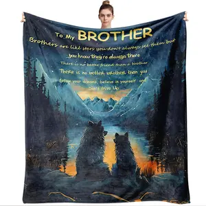 To My Brother Blanket 270G Flannel Fleece Throw with Starry Mountain Wolf Design Heartwarming Brother Quote Gift for Birthday Christmas Thanksgiving Brother Appreciation Present Soft Cozy Warm Home Deco Inspirational Blanket