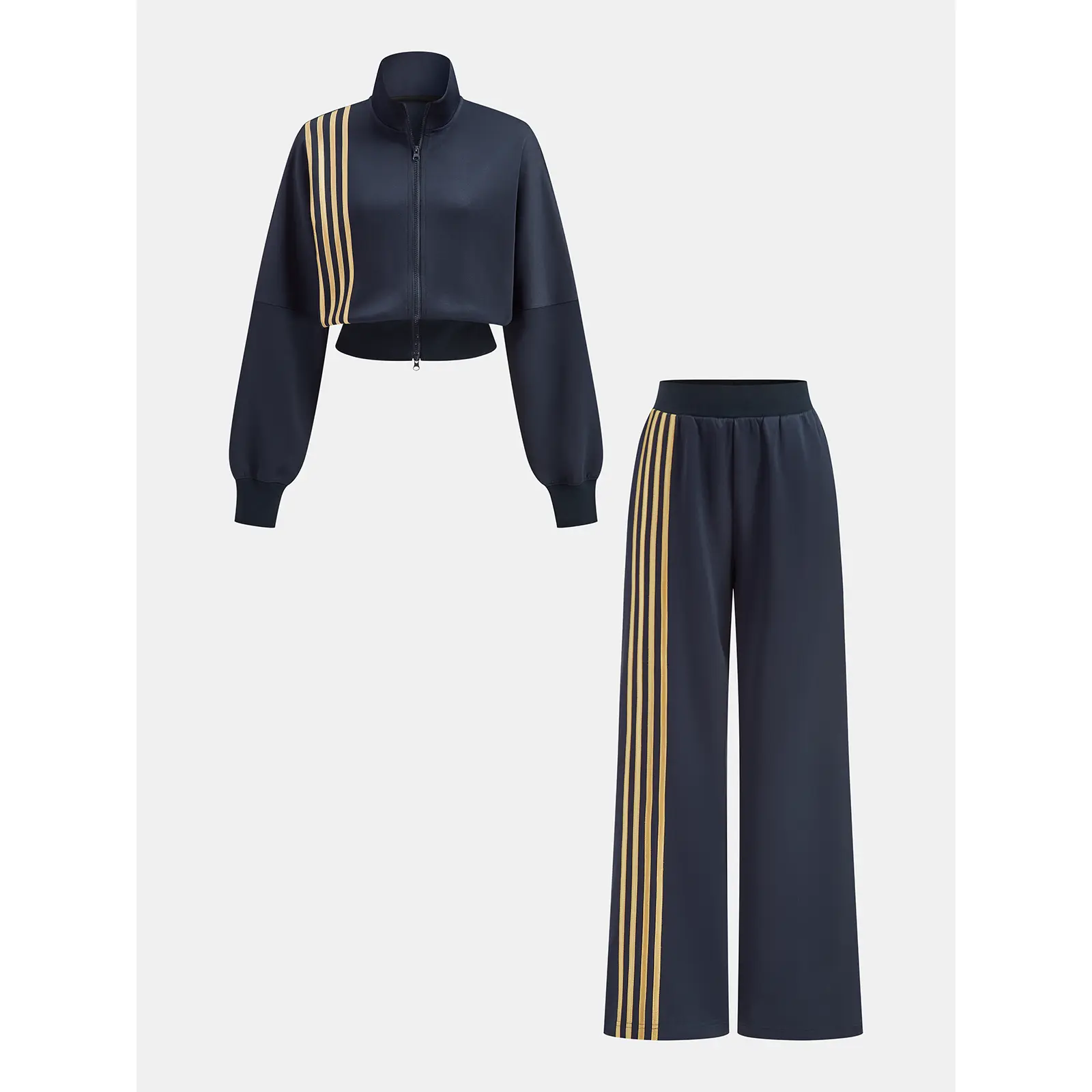 Women's 2-Piece Quadruple Stripe Comfy Sweatshirt and Pants Set, Gray Sweats Style, Off Duty Fit Outfit Inspiration, Comfy Sets