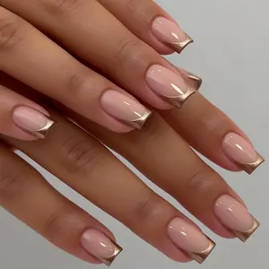 24pcs New Square European Minimalist Design Nude Gold Frame Nail Extension Press-On Nails, Classic French Metal Style, Easy DIY Manicure Kit