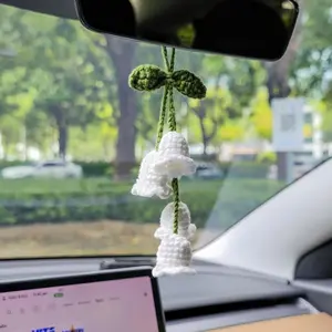 Handmade Crochet Lily of The Valley Flower Car Rear View Mirror Hanging Ornament, Aesthetic Boho Interior Decor Gift for Women and Men