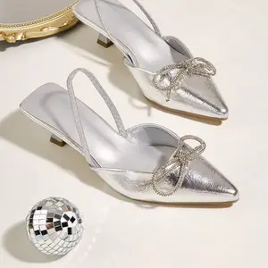 Silver Pointed Toe Slingback Pumps with Rhinestone Bow and Sparkling Finish for Elegant Occasions Heel Sandals Kitten