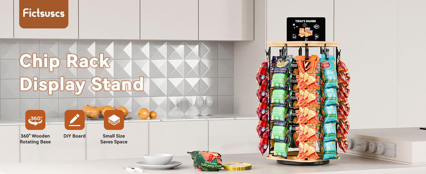 MOVATEK 360° Rotating Wooden Snack Stand | 5-Tier Candy Display 40 Clips Snack Organizer| Rack for Concession Stand Countertop Snack Stand Party  | Sturdy base | With Message Board |