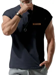 Men's Casual Round Neck Muscle Tank Top, Breathable Summer Sports Shirt with Leather Patch Details, Comfortable and Stylish