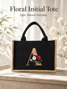 1pc Initial Letter Jute Tote Bag for Women, Personalized Monogram Handbag, Large Capacity Shopping Bag, Casual Lightweight Bag, Lightweight Eco-Friendly Tote, Fits Phone, Wallet, Cosmetics, Books, Perfect for Work, Travel, Shopping, Stylish Holiday Gift