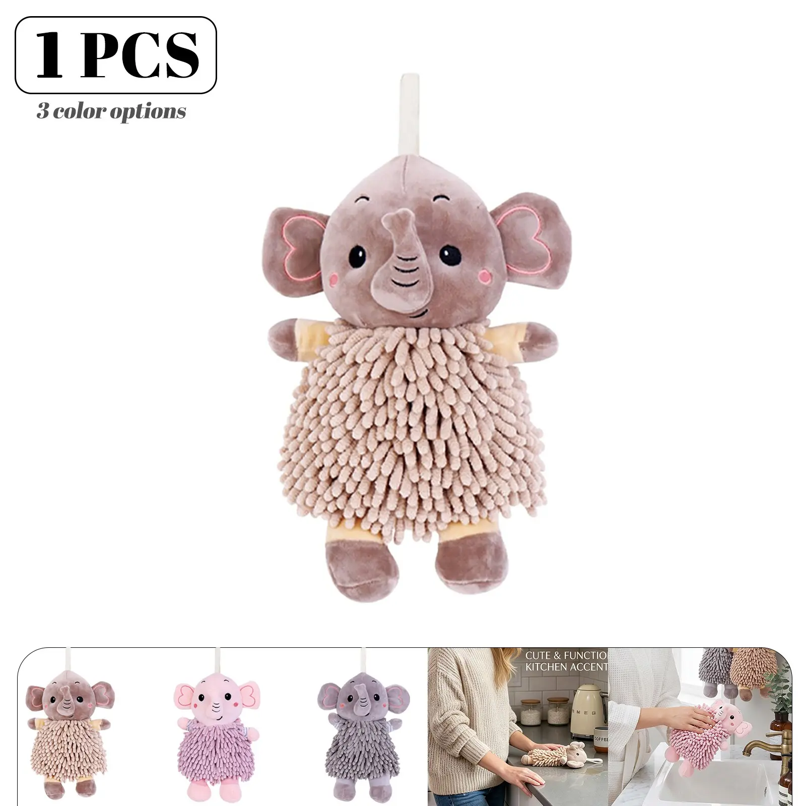 Elephant Shape Hand Towel with Hook, Chenille Quick-Dry Super Absorbent, Bathroom and Kitchen Use, 3 Colors Available, Quick Drying Towel