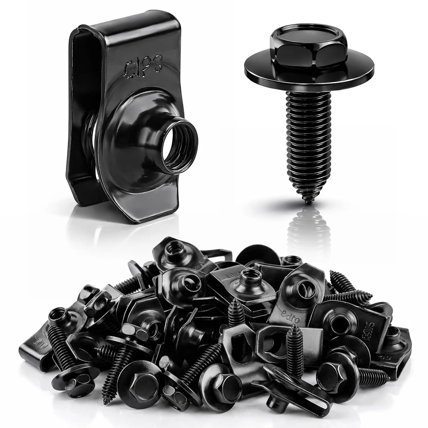 50Pcs Automotive U Spring Nut Fastener Kit (25 U Clips + 25 Hex Flange Bolts), Black Anti-Rust Metal Retainer Clips for Car Bumper Fender Splash Guard Engine Cover Trim Replacement