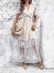 Women's Contrast Floral Lace Dress,Boho Fashion Casual Short Sleeve Long Dress for Daily Holiday Vacation Wear, Ladies Dress for Summer fall,Womenswear Shortsleeve