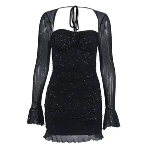 Women's Square Neck Long Sleeve Ruched Mini Dress with Sheer Sleeves for Party Evening miss shirley red dress mrs prom ball dresses flare khaleesi Elastic Strapless Satin Prom Red Pleated A-Line 2007