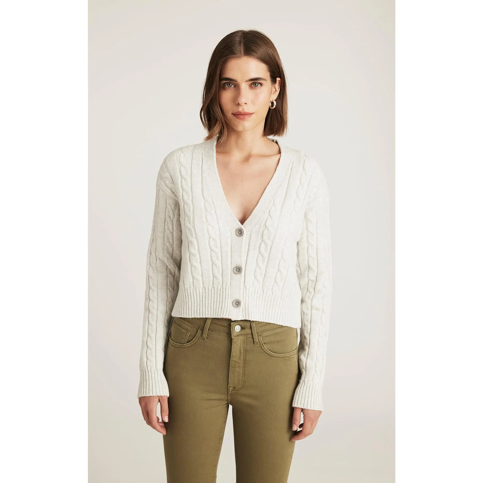 Women's Cropped Cable-Knit Button-Up Cardigan - Cotton-Acrylic Blend Fabric Layering Top, Light Grey Melange Knitwear