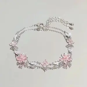 FASHION4U - Shiny Pink Crystal Cherry Blossom Bracelets For Women Girls Sweet Moon Bow Flowers Zircon Bracelet Party Aesthetic Egirl Jewelry