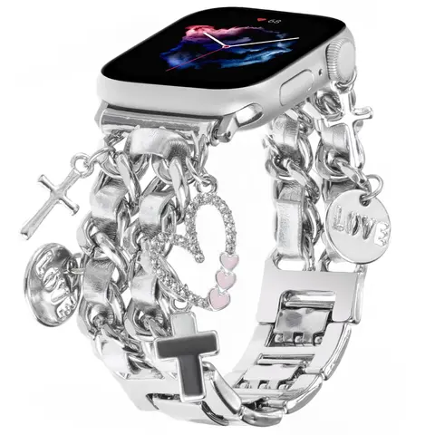 Unique Charms Metal Watch Bands for Apple Watch 49/46/45/44/42mm 41/40/38mm ,Pendants Love Cross Charms Replacement Strap for iWatch Series 1110 9 8 7 6 5 4 3 2 SE Ultra