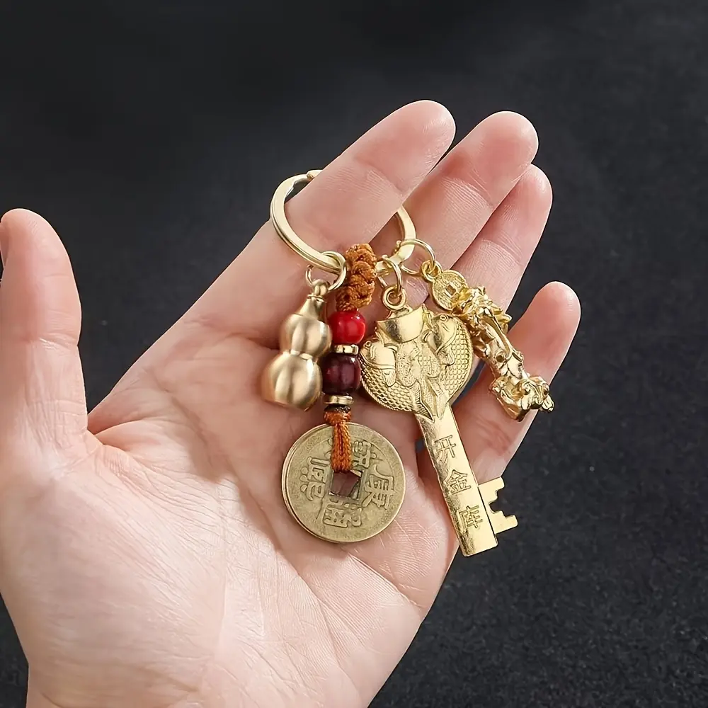 5-Piece Chinese Ethnic Feng Shui Metal Lucky Talisman Keychain Set - Fashion Costume Jewelry Accessory for Blessings, Wealth, Christmas Gifts