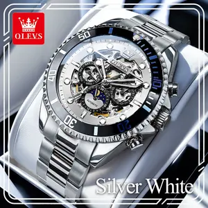 OLEVS 6715 Luxury Men Automatic Mechanical Watch, Multi-function White Hollow Skeleton Dial, Premium Stainless Steel Band, Waterproof Luminous Business Wristwatch