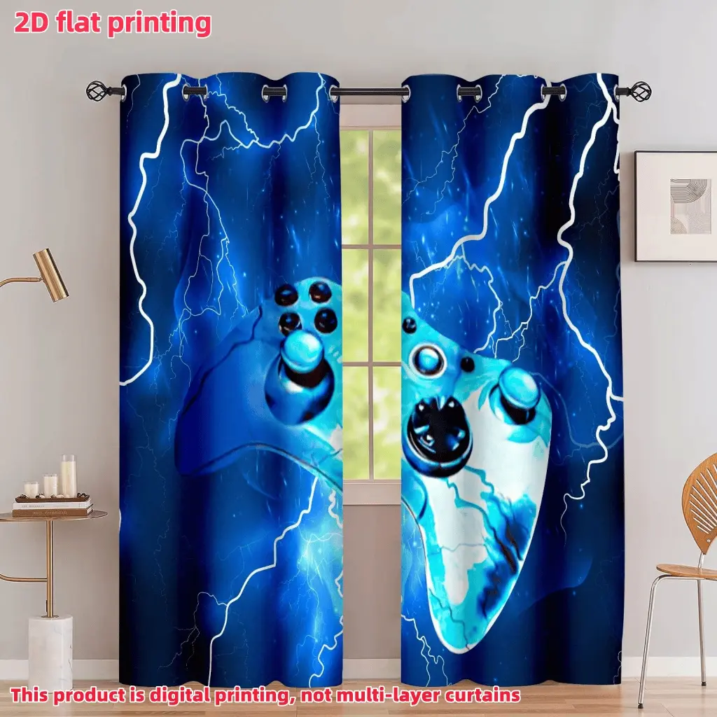 2D Flat 2Pcs Gamer Controller Blue Lightning Gaming Curtains, Home Decoration Curtain, Semi Sunshade Perforated Eyelet Window Drapes for Bedroom Living Room Kids Decor, Curtain for windows, Accessory, Anti Privacy.