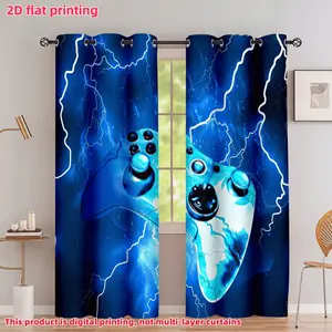 2D Flat 2Pcs Gamer Controller Blue Lightning Gaming Curtains, Home Decoration Curtain, Semi Sunshade Perforated Eyelet Window Drapes for Bedroom Living Room Kids Decor, Accessory, Anti Privacy.