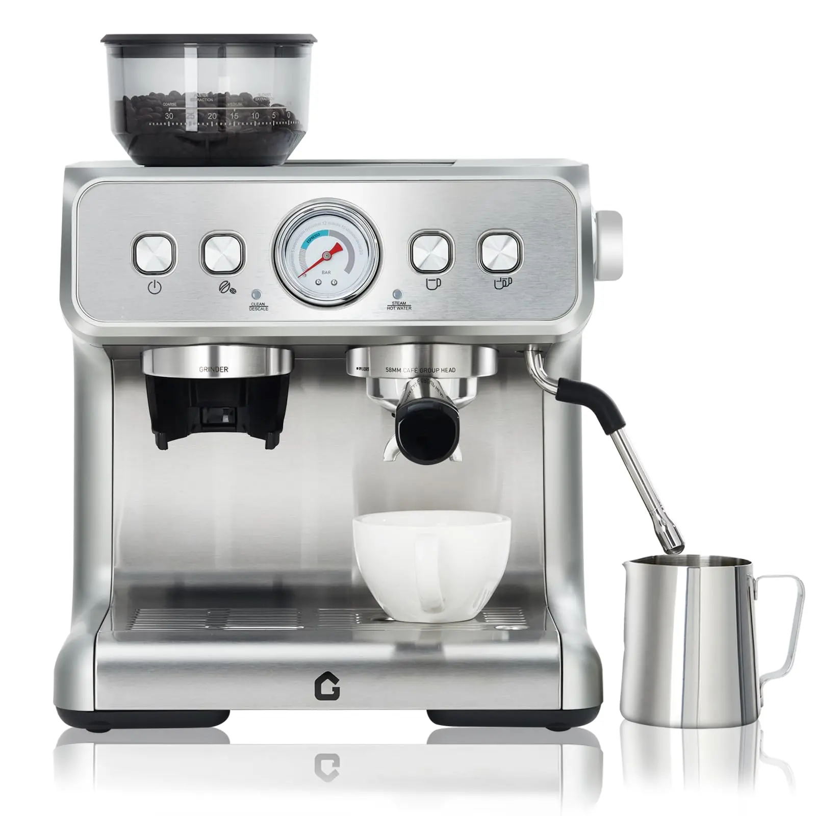 20-Bar Stainless Steel Espresso Machine with Built-In Grinder, High-Pressure Pump, 2.8L Removable Water Tank, Adjustable Shots, Milk Frother Steam Wand for Latte & Cappuccino, Café-Quality At Home Espresso Maker for Coffee Lovers, Home & Office Use