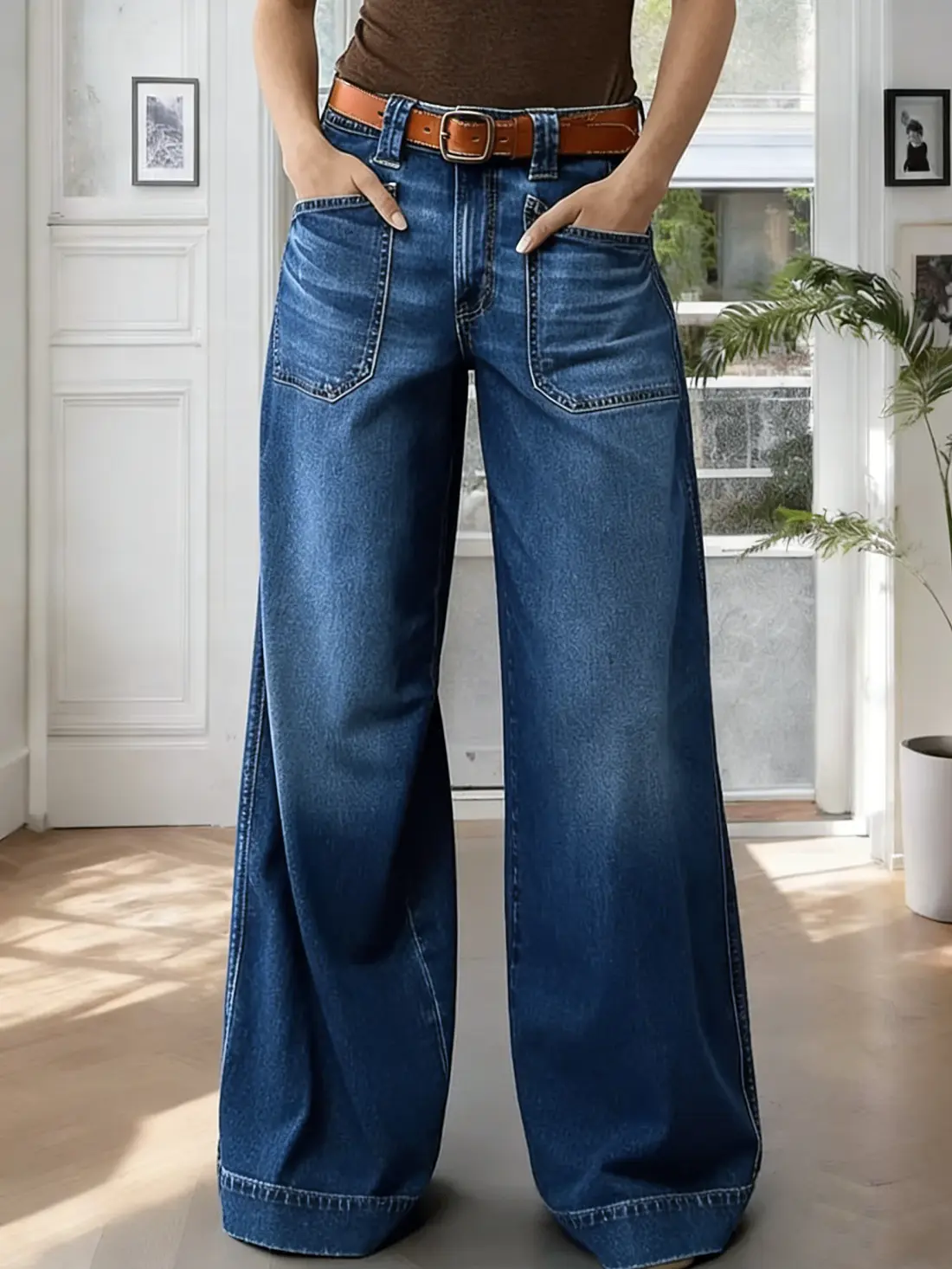 Women's High-Rise Ultra Wide Baggy Stretchy Boyfriend Trendy Jeans - All Seasons Full Length Bottoms with Pockets, Below the Ankle Casual Comfort Lounge Denim Pants, Machine Washable Fashion Womenswear Everyday Style