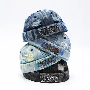Retro denim docker cap, patchwork style, brimless design, no visor, leopard beanie hat, adjustable, street cool vintage