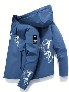 New Dual-Sided Horse Print Zip Hoodie Jacket, Casual Street Style All-Season Washable Design, Fitted Geometric Pattern