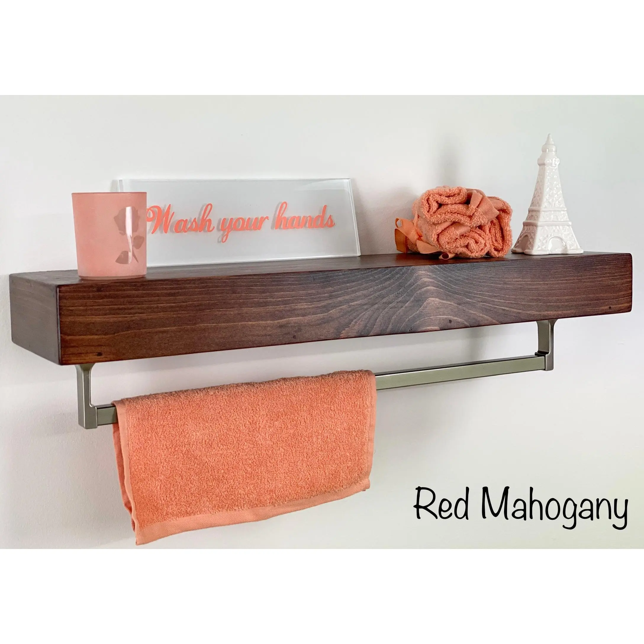 Red Mahogany Floating Shelf - Square Satin Nickel Towel Bar