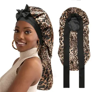 AWAYTR Double Layered Satin Nightcap Leopard Print Flower Elastic Long Sleeping Hats Hair Care Bonnet for Women Turban with Tie Band