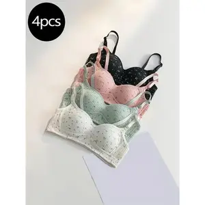 4-Pack Elegant Girls' Bras - Comfortable High Support, Wireless, Non-Removable Pads, Breathable Adhesive Blend, V-Neck Cross Back Design, Solid Colors (Black, Pink, Light Green, Mint Green), Slim Fit, Machine Washable, Polyester and Spandex Blend