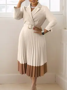 Women's Colorblock Pleated Belted Dress, Chic Elegant Lapel Neck Long Sleeve Dress Suit for Fall & Winter, Women's Clothing for Daily Wear, Womenswear, Chic Elegant Fit