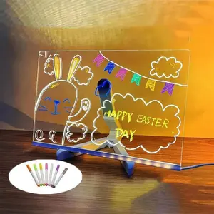 Creative Rewritable Acrylic Message Board with 7 Pens, USB Powered Dry Erase Drawing Board, Luminous Memo LED Message Board for Office, School, Home, Store Decoration