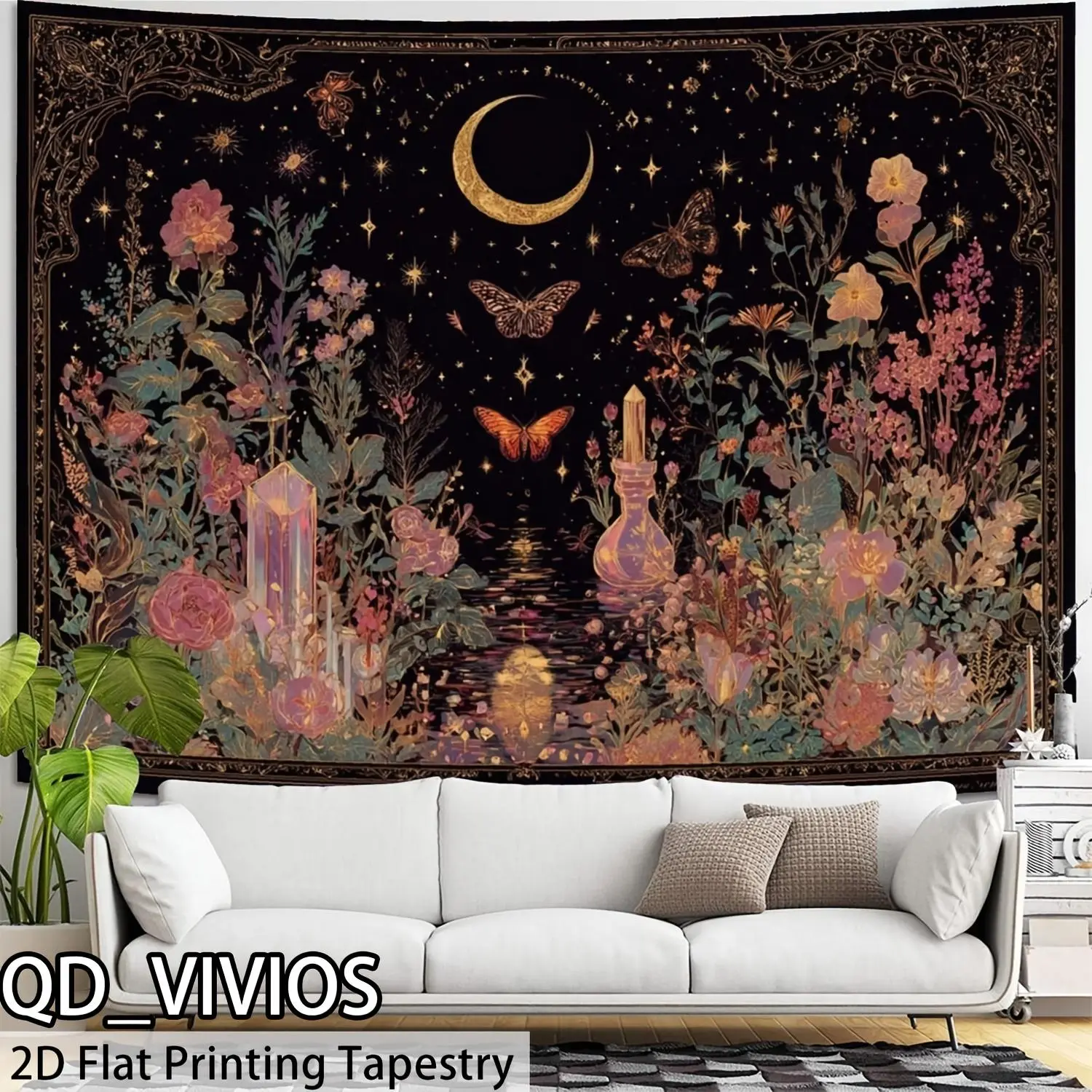 [QD_VIVIOS][2D Flat Printing] Boho Butterfly Tapestry Flower Wall Tapestry, Phases Tapestries for Bedroom Cute Tapestries Wall Hanging for Bedroom Living Room Decor