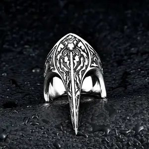 FCJ Nordic Trendy Gold Plated Titanium Steel Ring Carved Raven Amulet Jewelry for Boys 18K Inlay Geometric Number Shape
