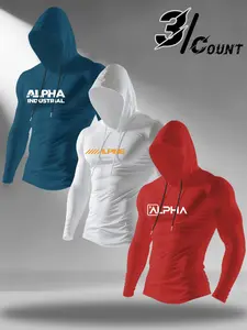 Men's 3-piece hooded long sleeved T-shirt ALPHA industrial pattern printed clothing, Athletic sports clothing, Fitness hoodie, suitable for skin friendly sportswear, casual commuting, fitness and street style enthusiasts